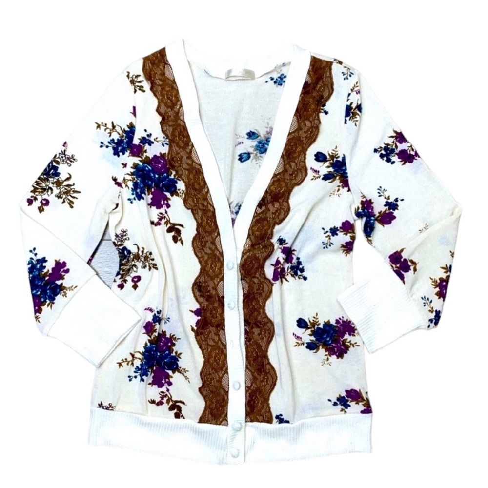 Nordstom Floral Cardigan Size Small White Blue